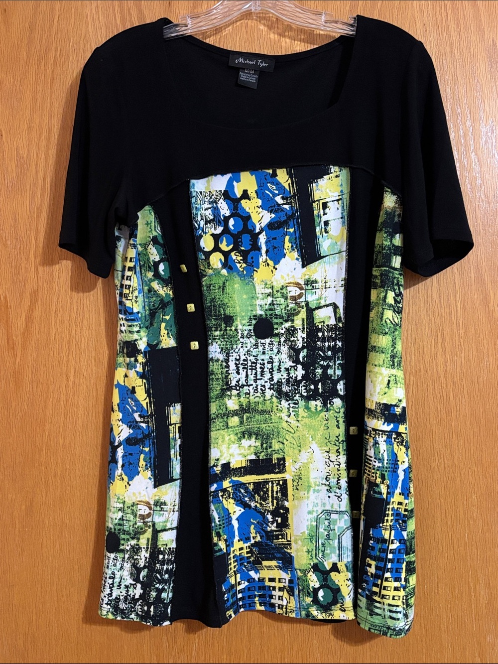 Michael Tyler Black Tunic with Green & Blue Abstract Print